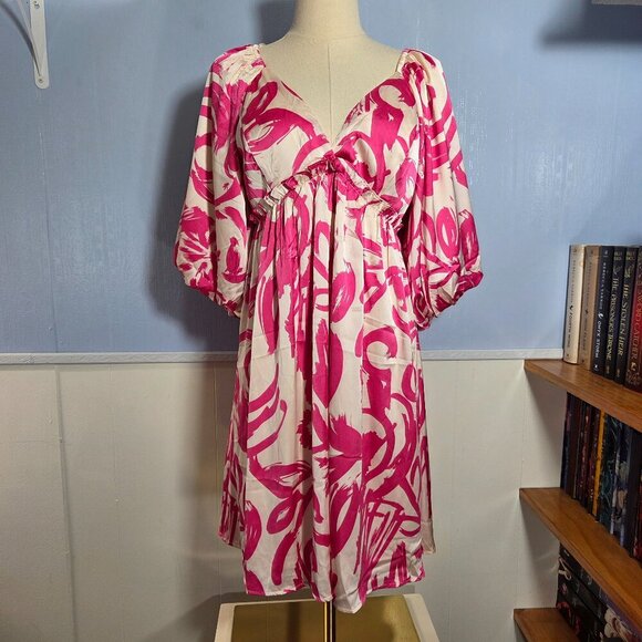 She + Sky Dresses & Skirts - She + Sky Medium Hot Pink White Floral V Neck Balloon Sleeve Knee Length Dress
